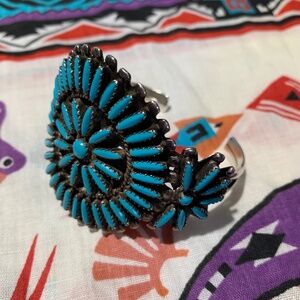Navajo “CJ “Charlie John Silver Needlepoint Turquoise Bracelet